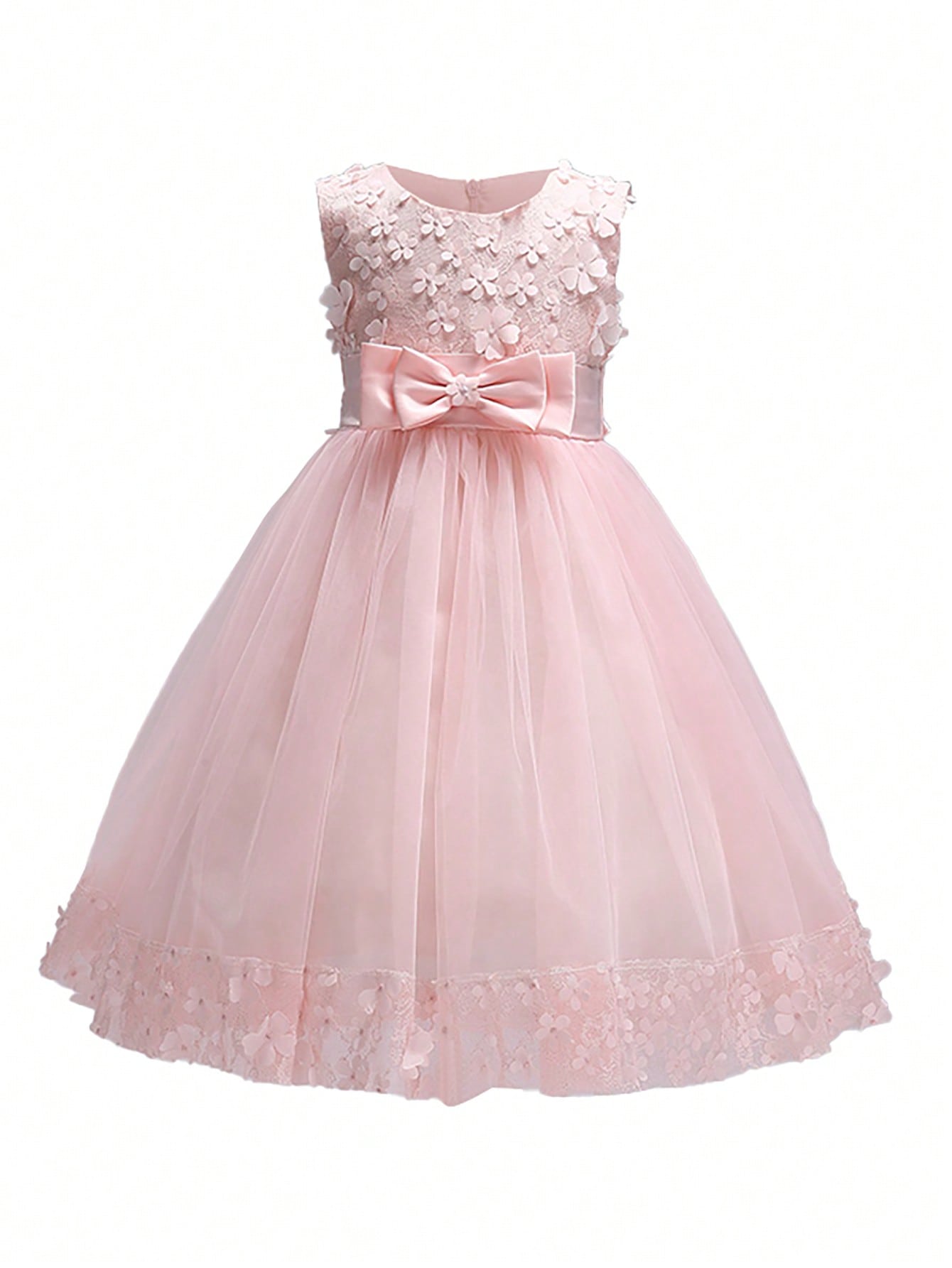 Young Girl Solid Color Sleeveless Dress With 3d Floral Embellishment For An Elegant Look