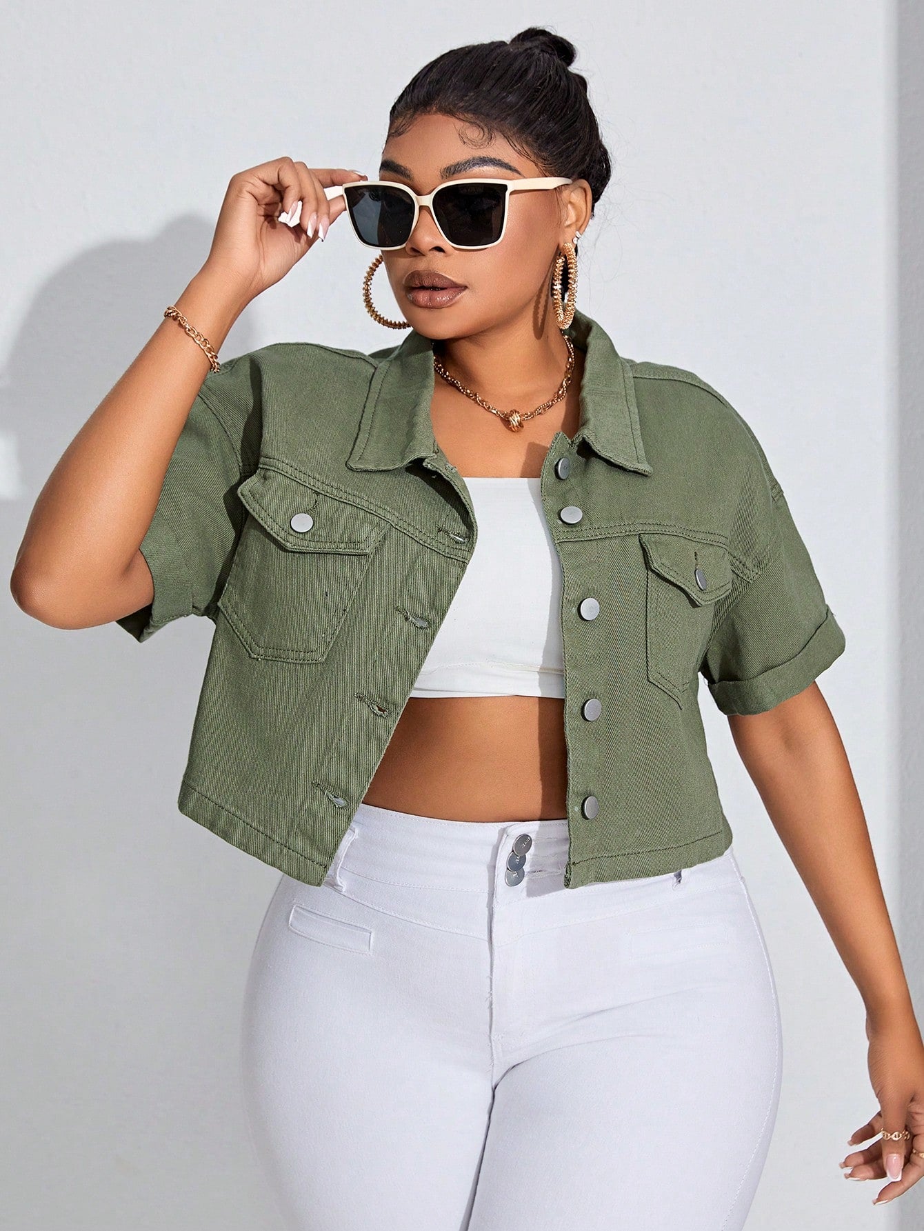 Plus Size Summer Casual Short Sleeve Cropped Denim Jacket