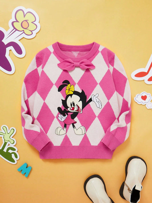 ANIMANIACS X Young Girl Long Sleeve Round Neck Cartoon & Plaid Pattern Sweater With Bow Decor