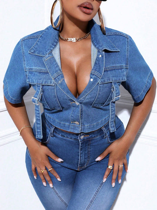 Plus Size Short Sleeve Denim Jacket With Flap Pockets