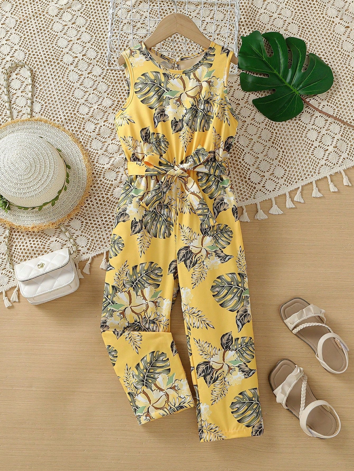 Young Girl Tropical Printed Waist-Tied Jumpsuit With Vest Top