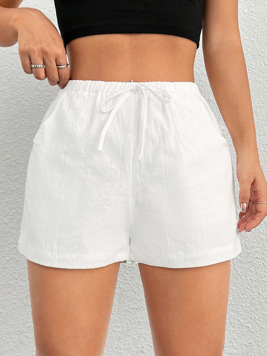 Women'S Solid Color Elastic Waistband Shorts With Slanted Pockets