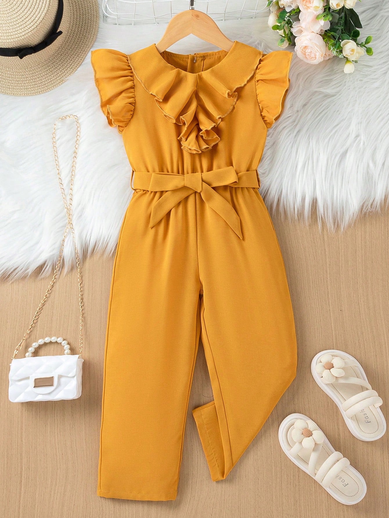 Young Girl Leisure Basic, Elegant, And Preppy Style, Ruffle-Sleeved And Ruffle-Collared Jumpsuit With Waist Belt, Pink Color, Suitable For Summer, Autumn, Vacation And Daily Wear.