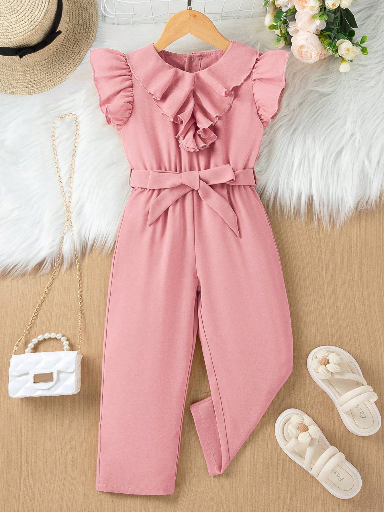 Young Girl Leisure Basic, Elegant, And Preppy Style, Ruffle-Sleeved And Ruffle-Collared Jumpsuit With Waist Belt, Pink Color, Suitable For Summer, Autumn, Vacation And Daily Wear.