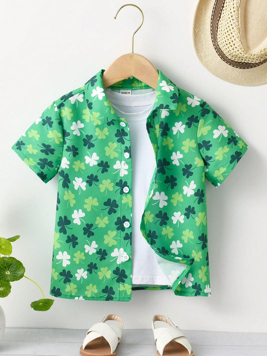 Young Boy Casual Three-Leaf Clover Printed Shirt For Summer Vacation Fabric