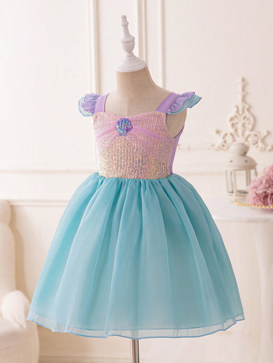 Blossomsprite Kids Young Girl Mermaid Birthday Party Wedding Festival Blue & Purple Shell Princess Dress, Gorgeous Costume