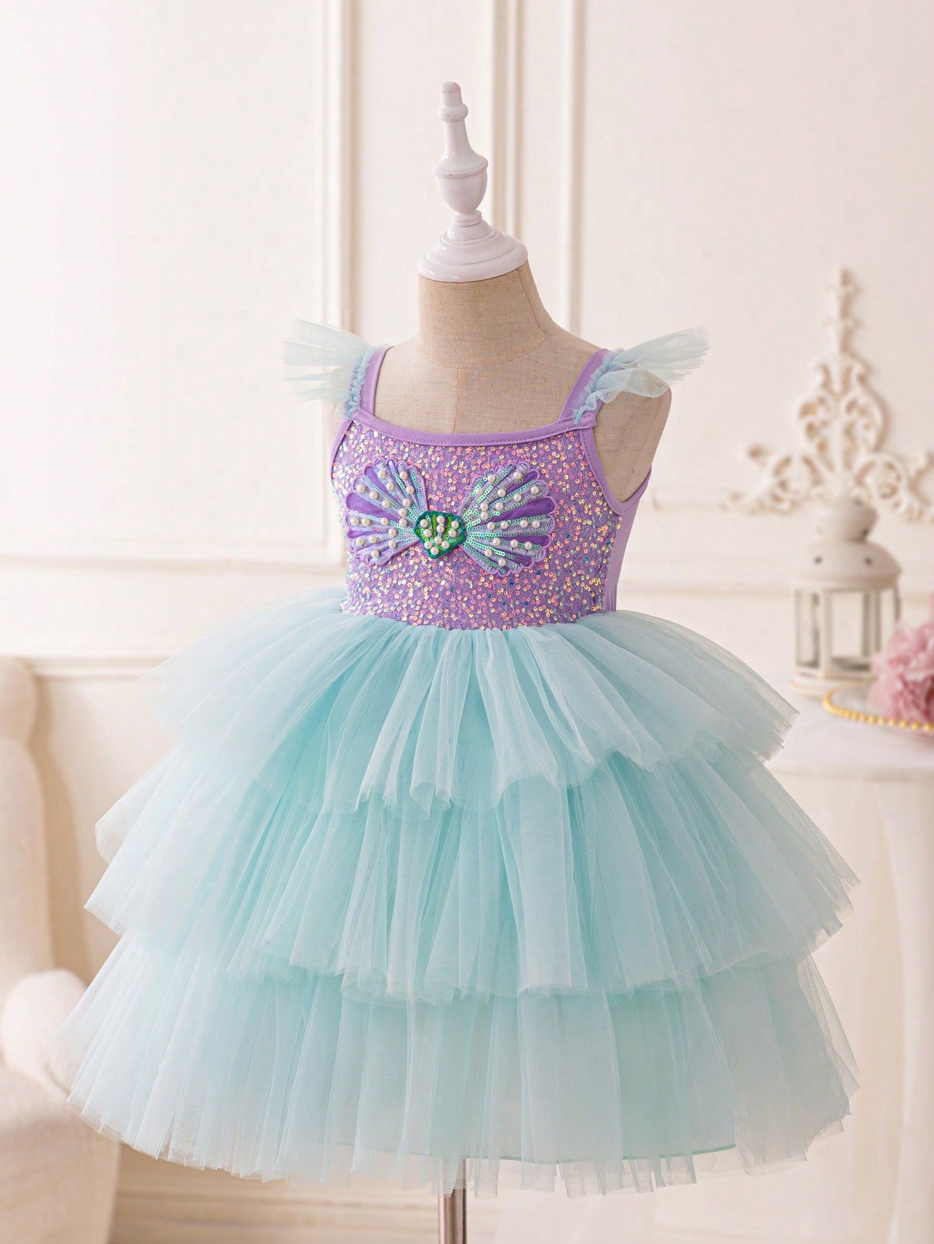 Young Girls'  Gorgeous Cap Sleeve Mermaid Princess Tutu Dress With Shell Beads & Net Yarn, Purple/Green