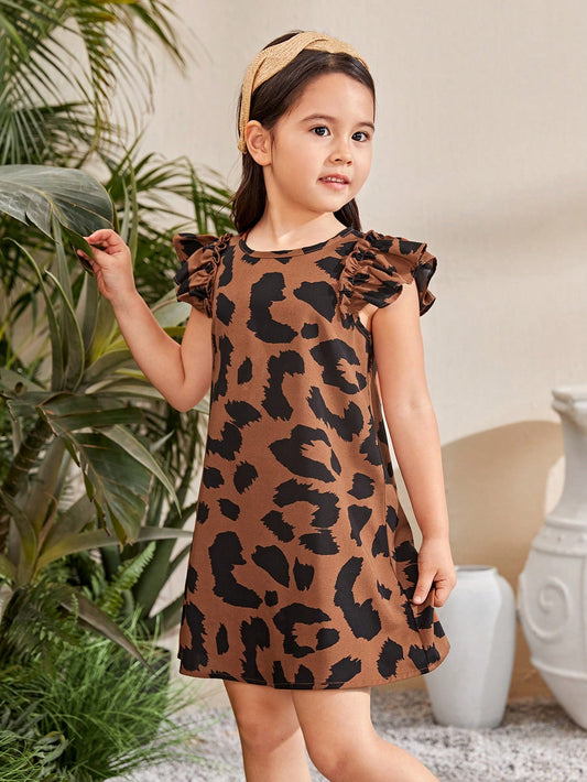 Young Girl'S Woven Leopard Print Round Neck Short Sleeve Loose Casual Dress