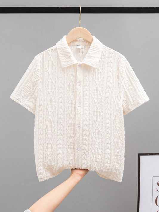 Tween Boys' Extended Size Casual Jacquard Turn-Down Collar Short Sleeve Shirt