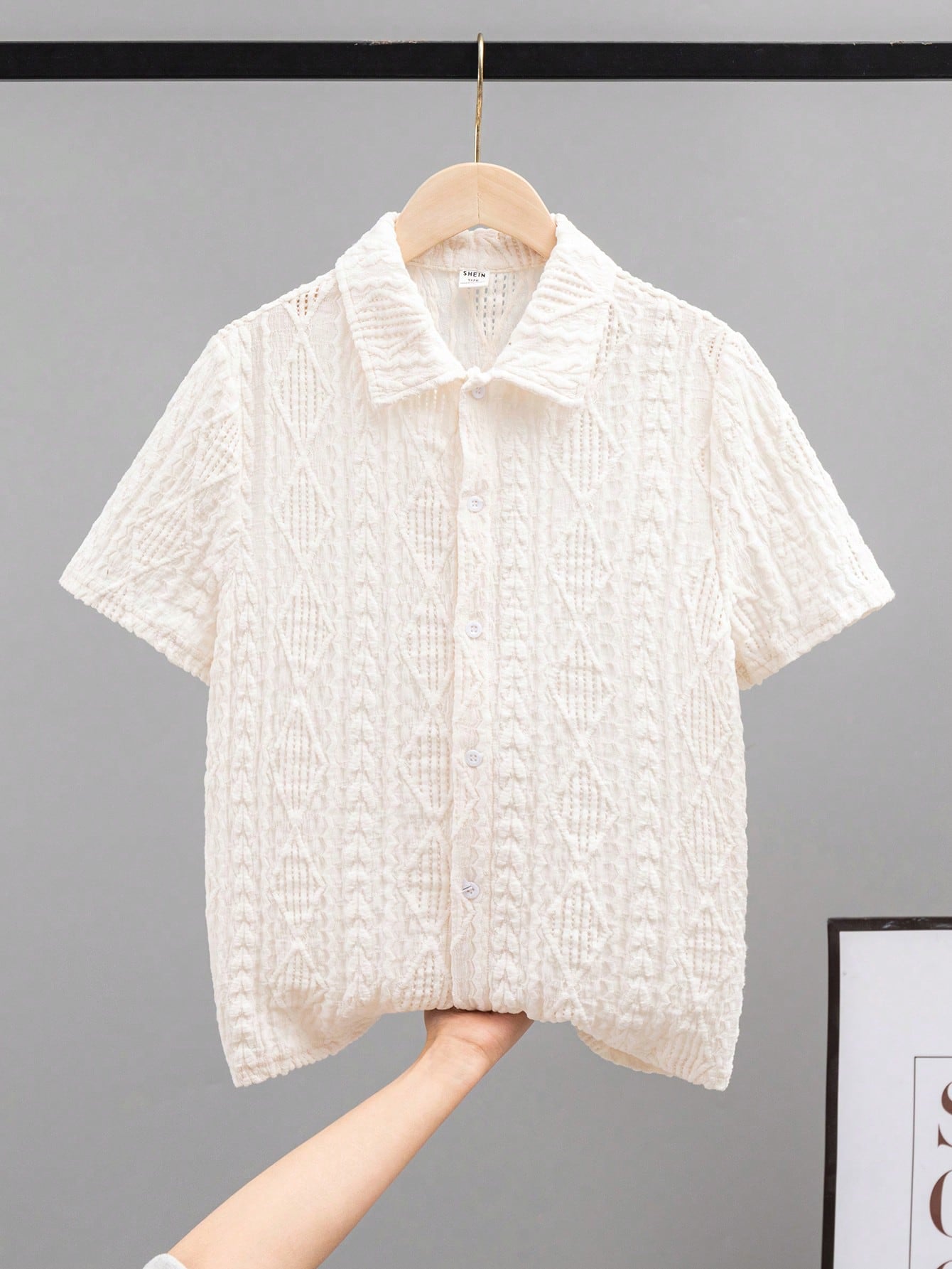 Tween Boy Loose Comfortable Casual Jacquard Short Sleeve Shirt With Turn-Down Collar