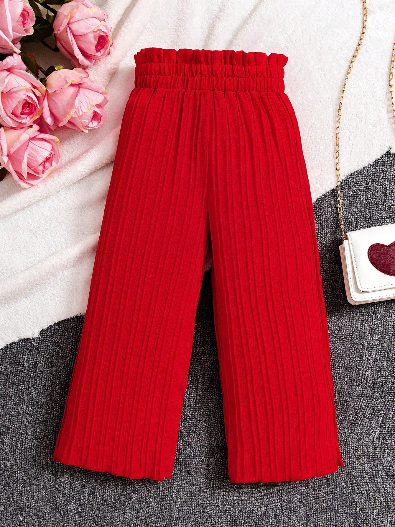 Young Girl Paperbag Waist Plisse Wide Leg Pants