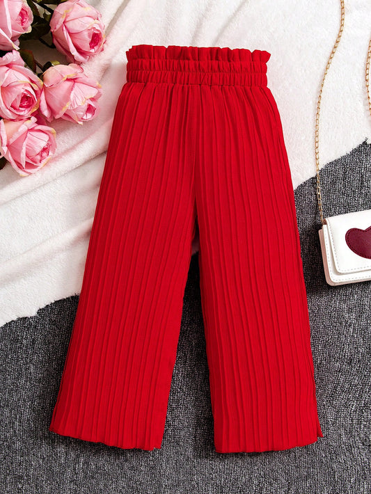 Young Girl Solid Color Elastic High Waisted Wide Leg Pants With Textured Finish