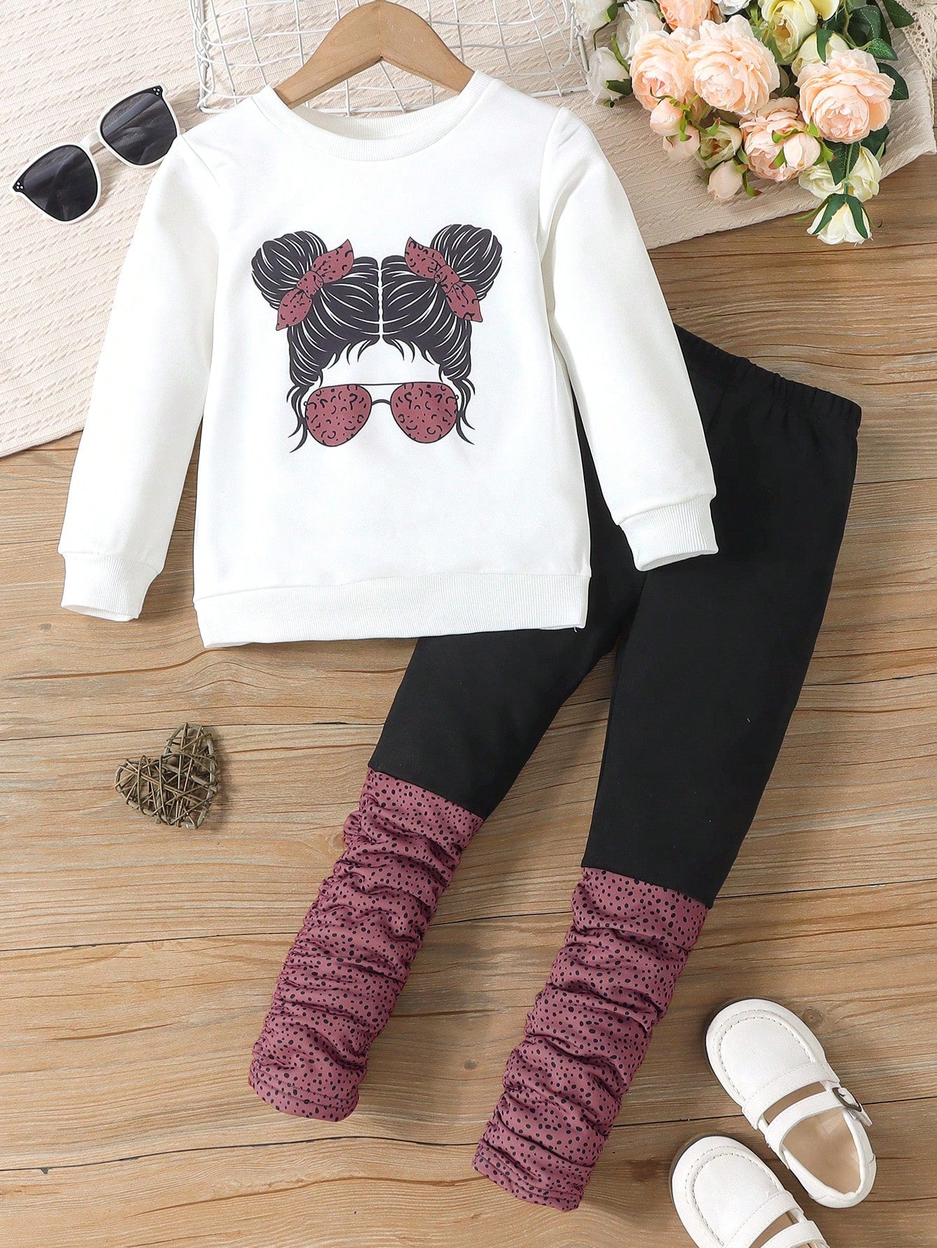 Young Girl 2pcs/Set Autumn Floral Print Sweatshirt With Round Neckline And Polka Dot Print Pleated Pants Outfits