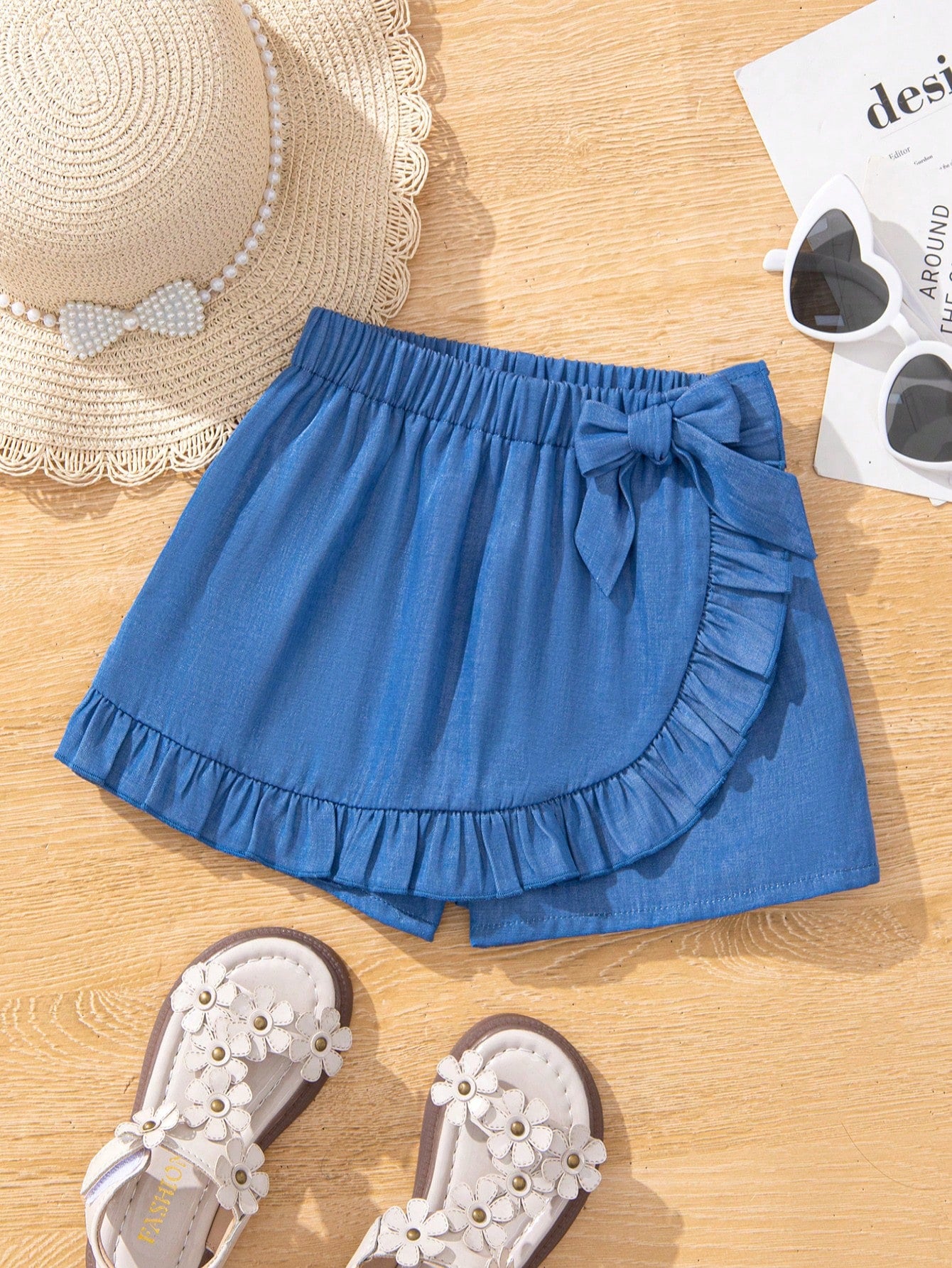 Young Girl's Daily Casual Solid Woven Loose Skorts With Bow Decoration