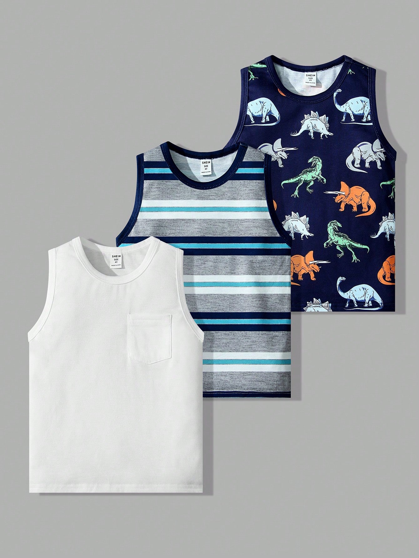 Young Boy 3pcs/Set Casual, Stylish, Versatile, Soft, Comfortable, Cartoon Dinosaur Print, Striped & Solid Breathable Tank Top Suitable For Spring & Summer