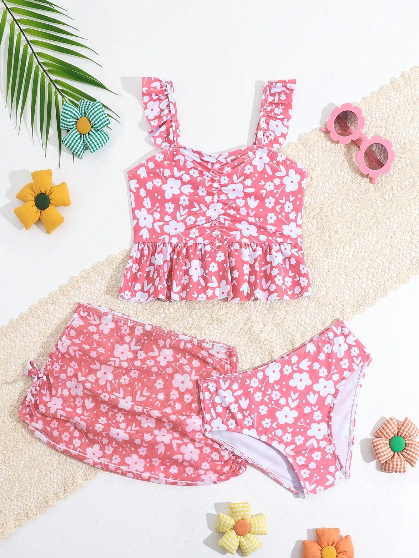 Young Girl's Ditsy Floral Bikini Set, 3pcs/Set Bikini Set Summer Beach