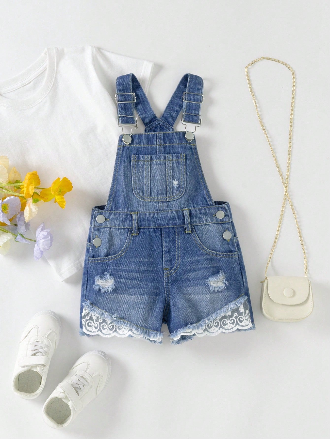 Young Girl's Cute Lace Trim Denim Overall Shorts