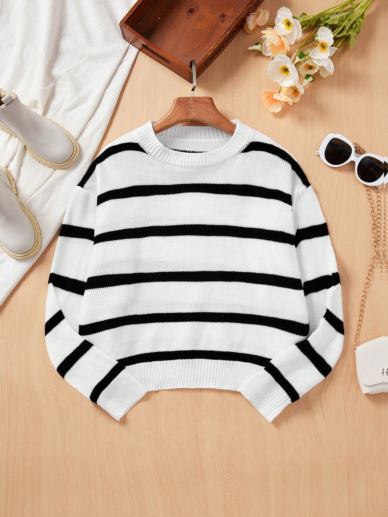 Teen Girls' Casual Loose Fit Round Neck Striped Pullover Sweater With Contrast Colors