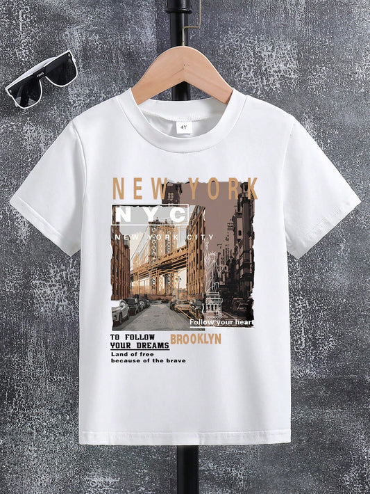 Young Boy Scenery Printed Short Sleeve T-Shirt With Slogan