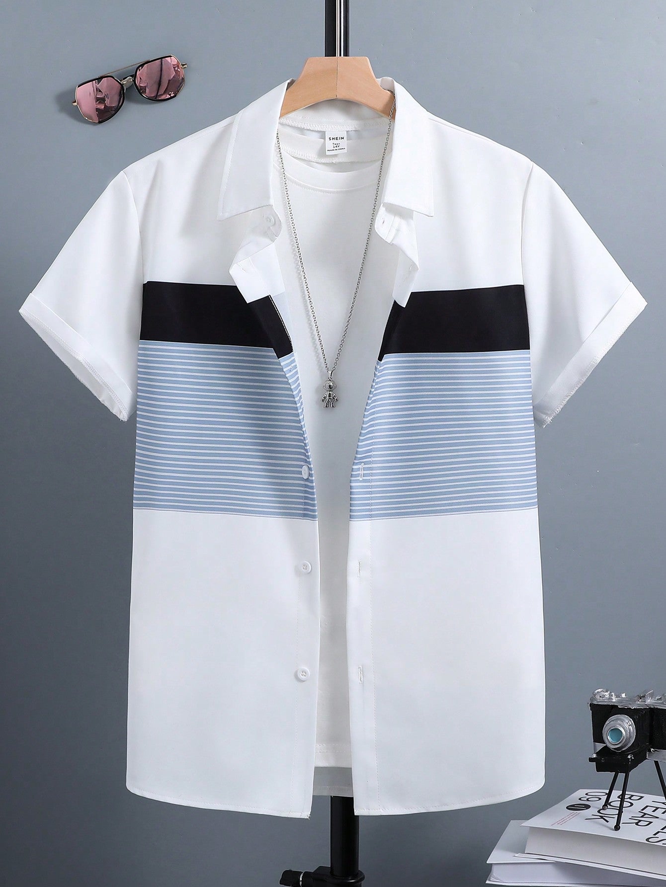 Teen Boy Loose Fit Color Block Striped Short Sleeve Casual Shirt, Summer