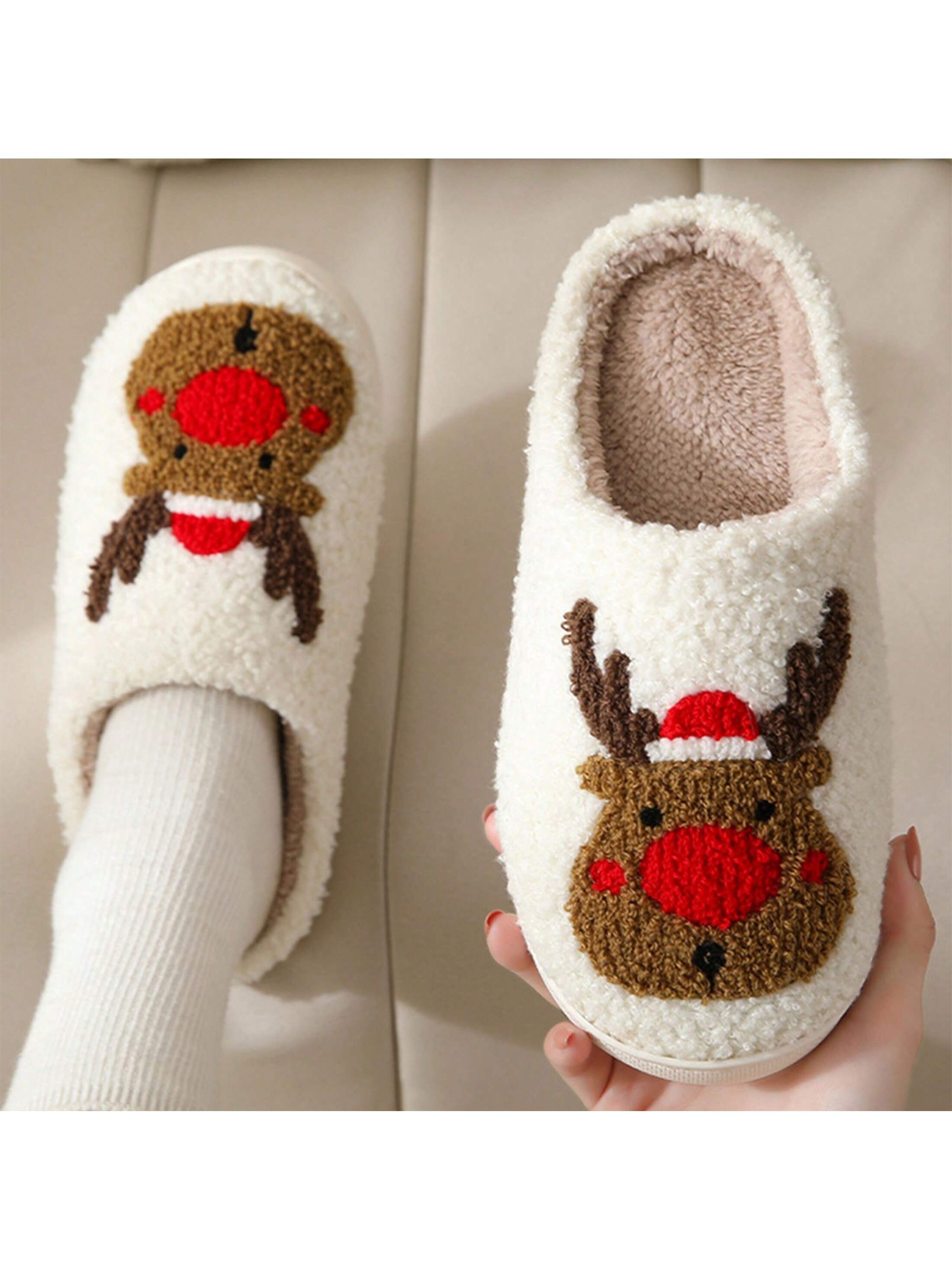 Women's Cute Cartoon Deer Indoor Slippers Lovely Reindeer Christmas Shoes Soft Plush Winter Warm Thermal Home Mules Non Slip Bedroom Office Slip-On House Slippers