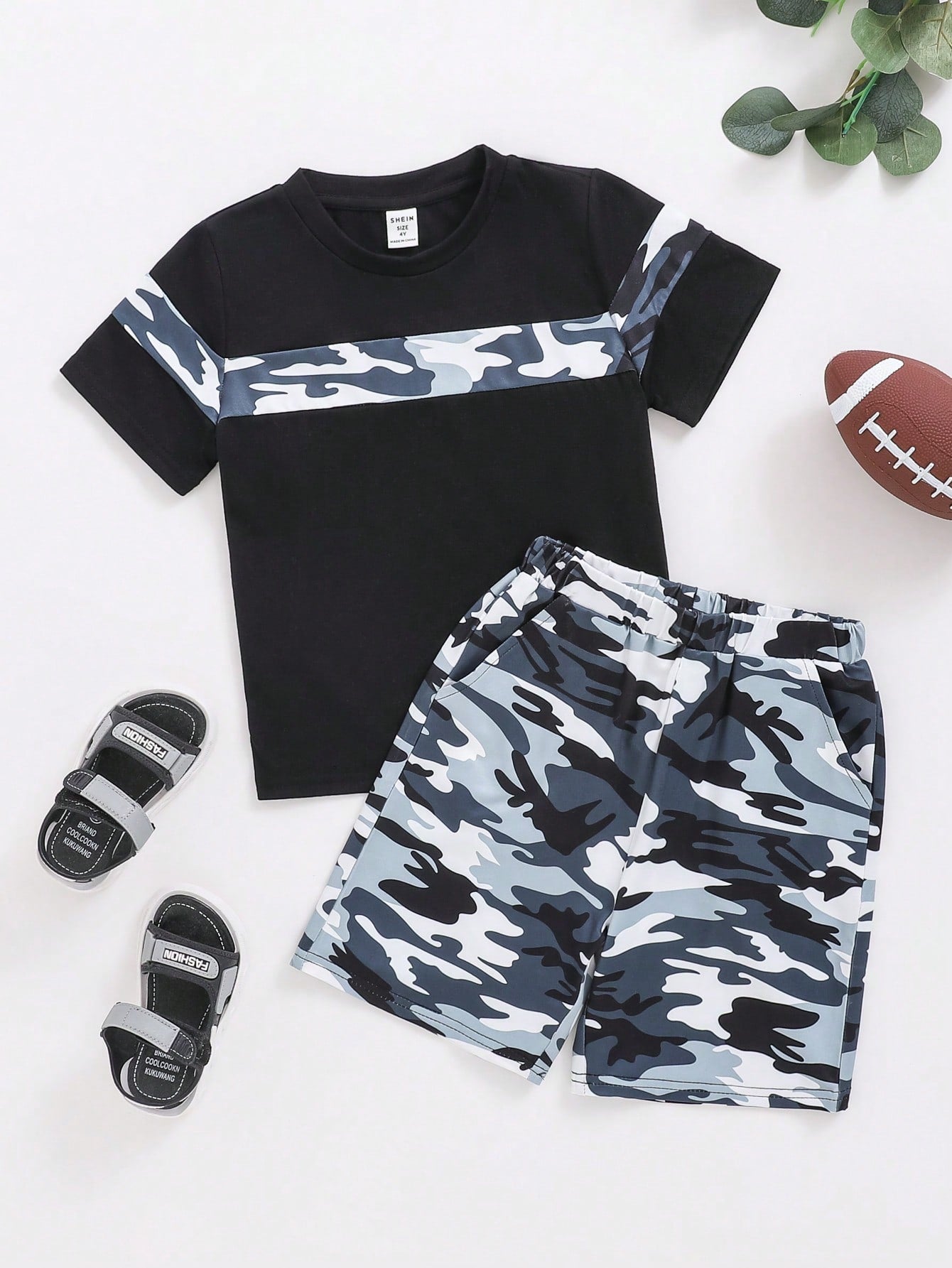 2pcs/Set Young Boy's Camo Printed T-Shirt And Shorts, Casual Sports Outfits