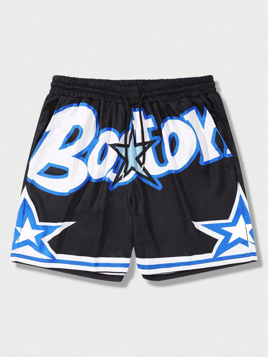 Men's Star & Letter Print Drawstring Waist Basketball Shorts