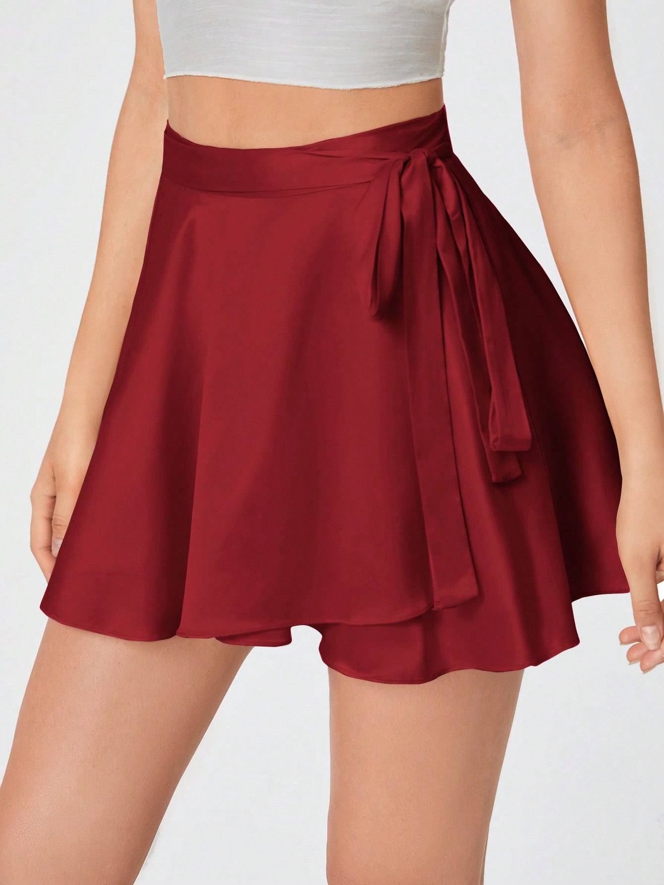 Tall Solid Belted Satin Wrap Skirt