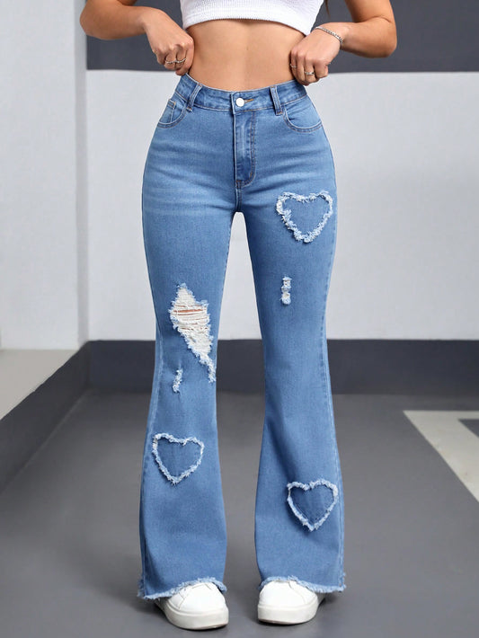 Women'S Heart Pattern Distressed Bell Bottom Jeans