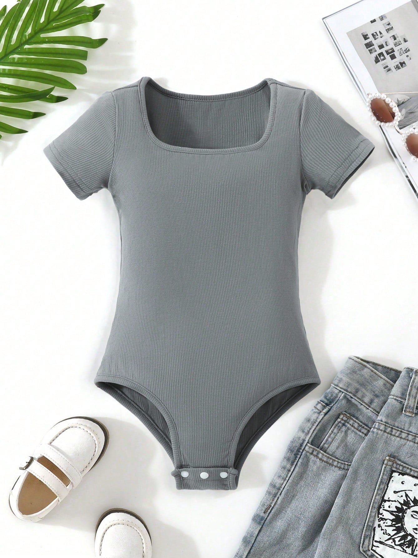 Tween Girl Knitted  Solid Color Bodysuit, Street Style, Light Grey, Spring/Summer Short Sleeve