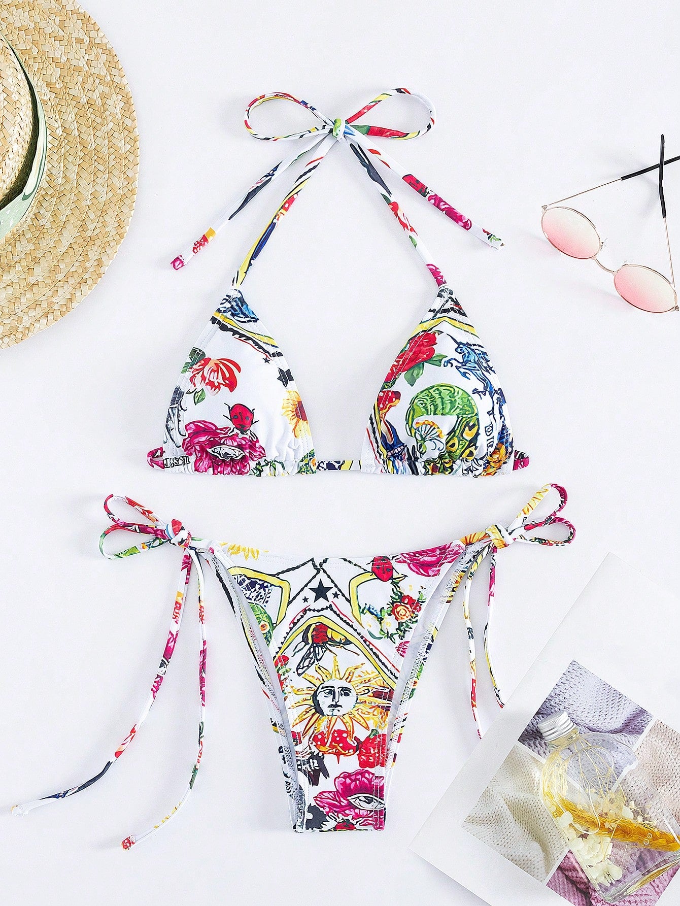 Women's Bikini Set Two-Piece Sexy Halterneck Lace-Up Three-Point Bikini Set Summer Beach