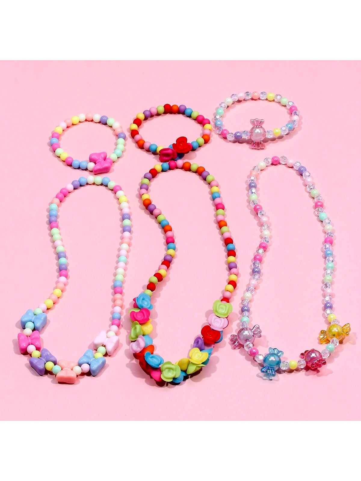 6pcs Girls' Lovely Charm Bracelet And Necklace Set With Bowknot, Flower & Bead Design, Suitable For Festival Party Birthday Gift, Random Color