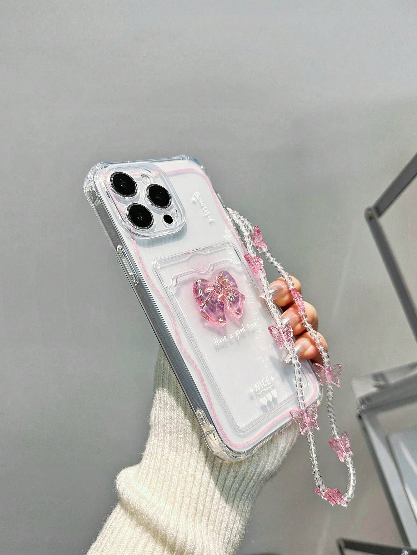 1pc Multifunctional Card Holder With Butterfly Accessory, Hand-Painted With Additional Butterfly Chain, Four Corner Design And Thicker Transparent Hand Strap, Shockproof Phone Case Compatible With IPhone Xr/7/8, Iphone 15 Pro Max/13, Iphone 14/11, P12, Xs