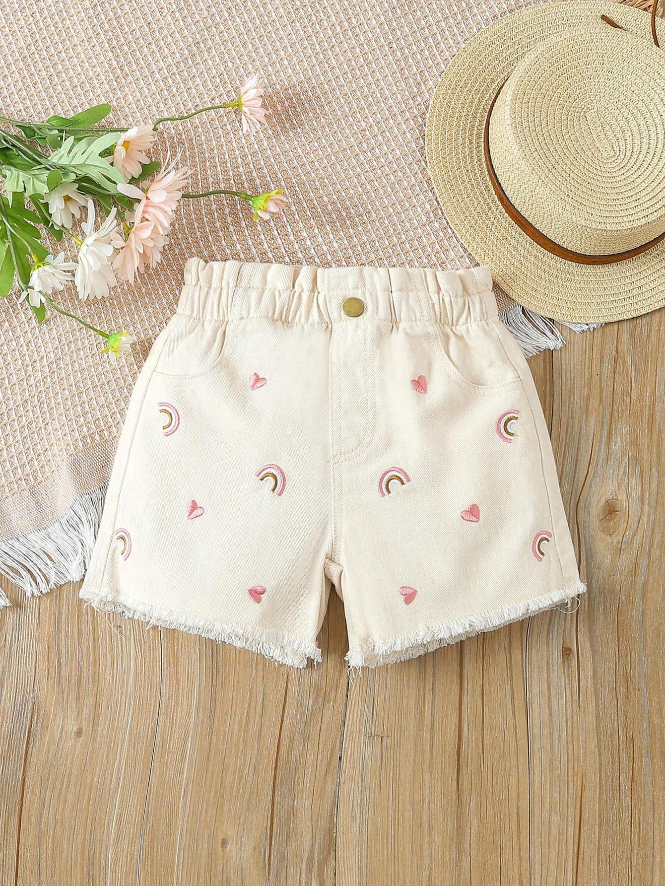 Young Girls Heart & Rainbow Embroidered Denim Shorts For Summer