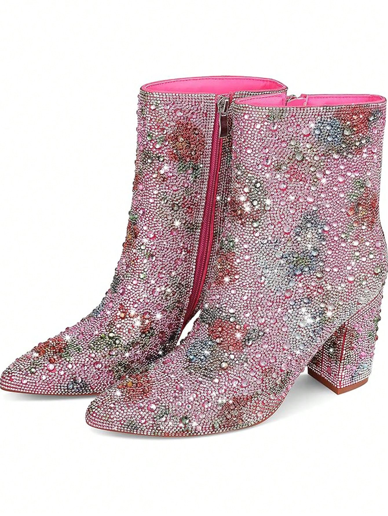 Rhinestone Boots For Women Ankle Boots Sparkly Glitter Chunky Heel Hot Dressy Party Prom Shoes