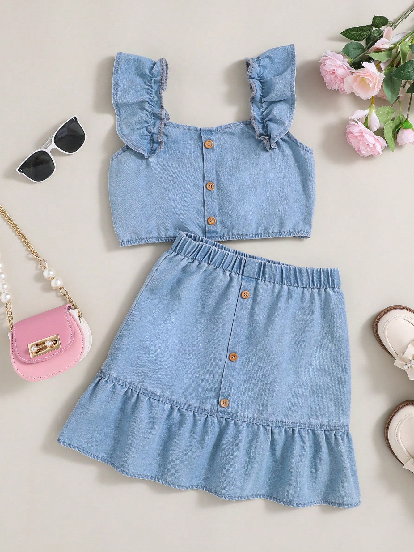 Casual Loose Cute Tween Girl's Denim Top With Cap Sleeves And Ruffled Hem Denim Skirt Set