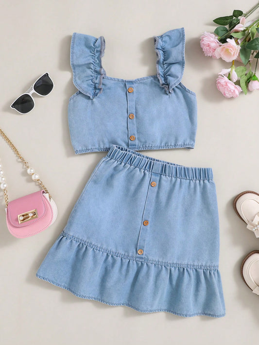 Casual Loose Cute Tween Girl's Denim Top With Cap Sleeves And Ruffled Hem Denim Skirt Set