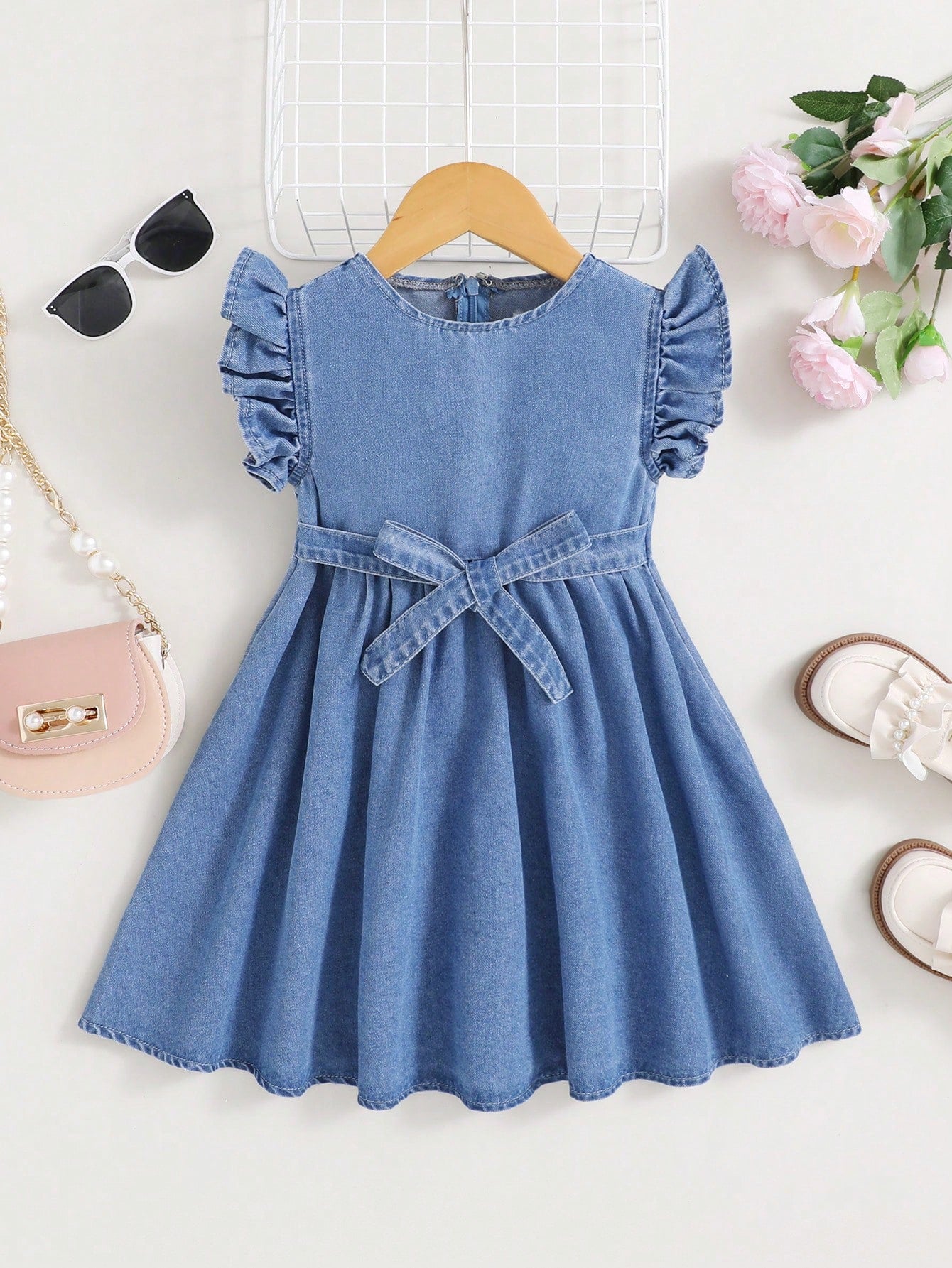 Young Girl Spring Summer Cute Bowknot Boho Ruffle Lovely Denim Dress ,Flounce Sleeves Falling Above The Knees Dress