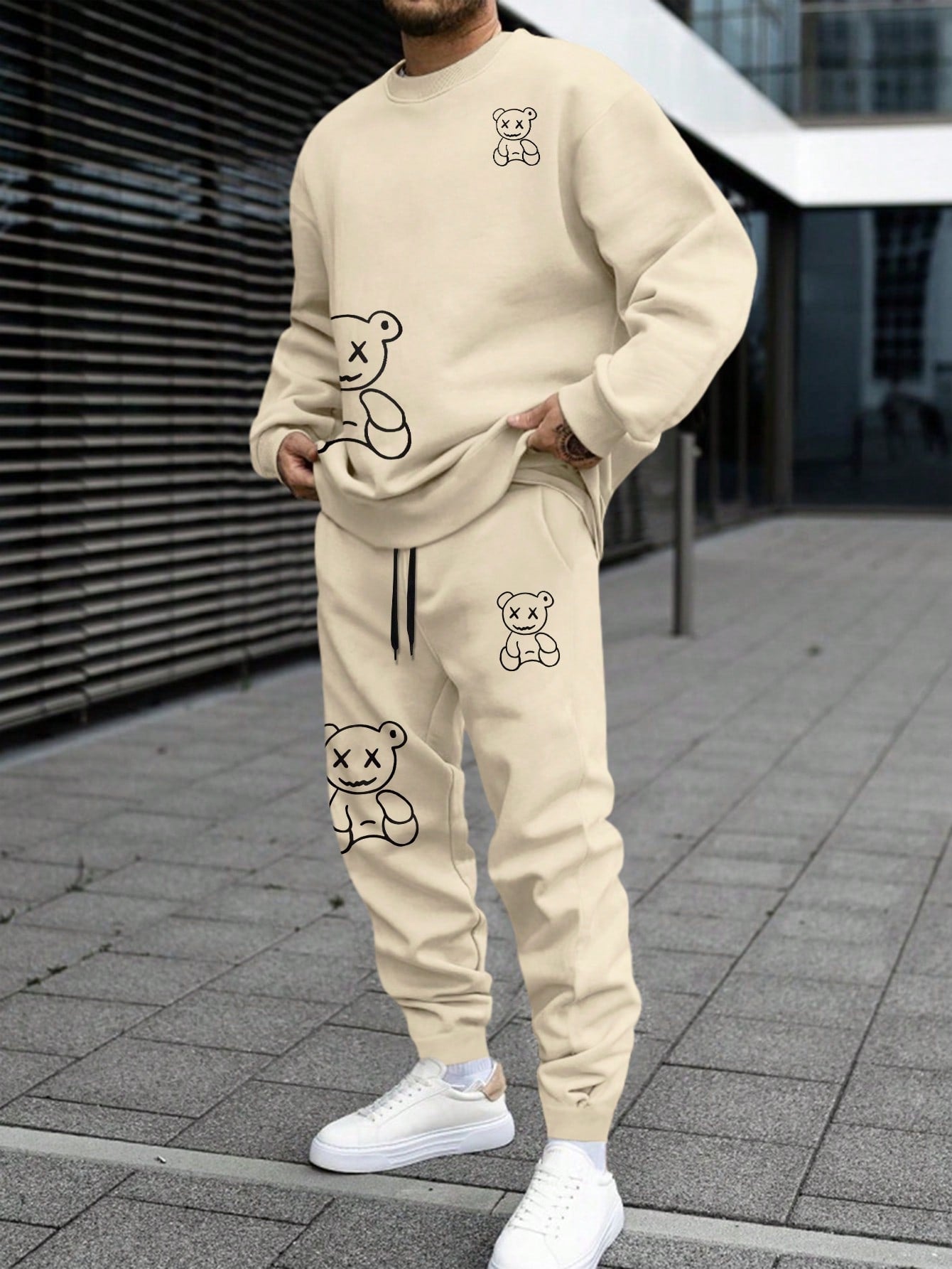 Men Bear Print Sweatshirt & Drawstring Waist Sweatpants