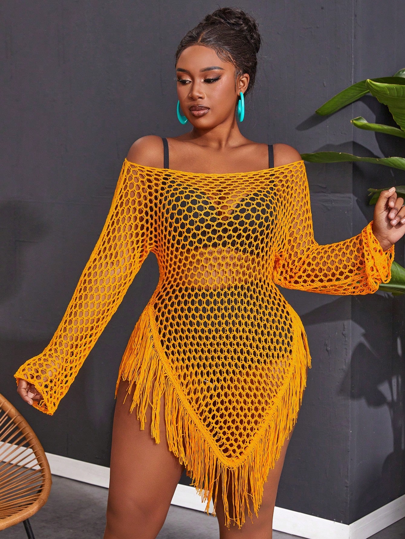 Plus Size Women Casual Knitted Off-Shoulder Tassel Asymmetrical Hem Long Sleeve Sexy Sweater Dress