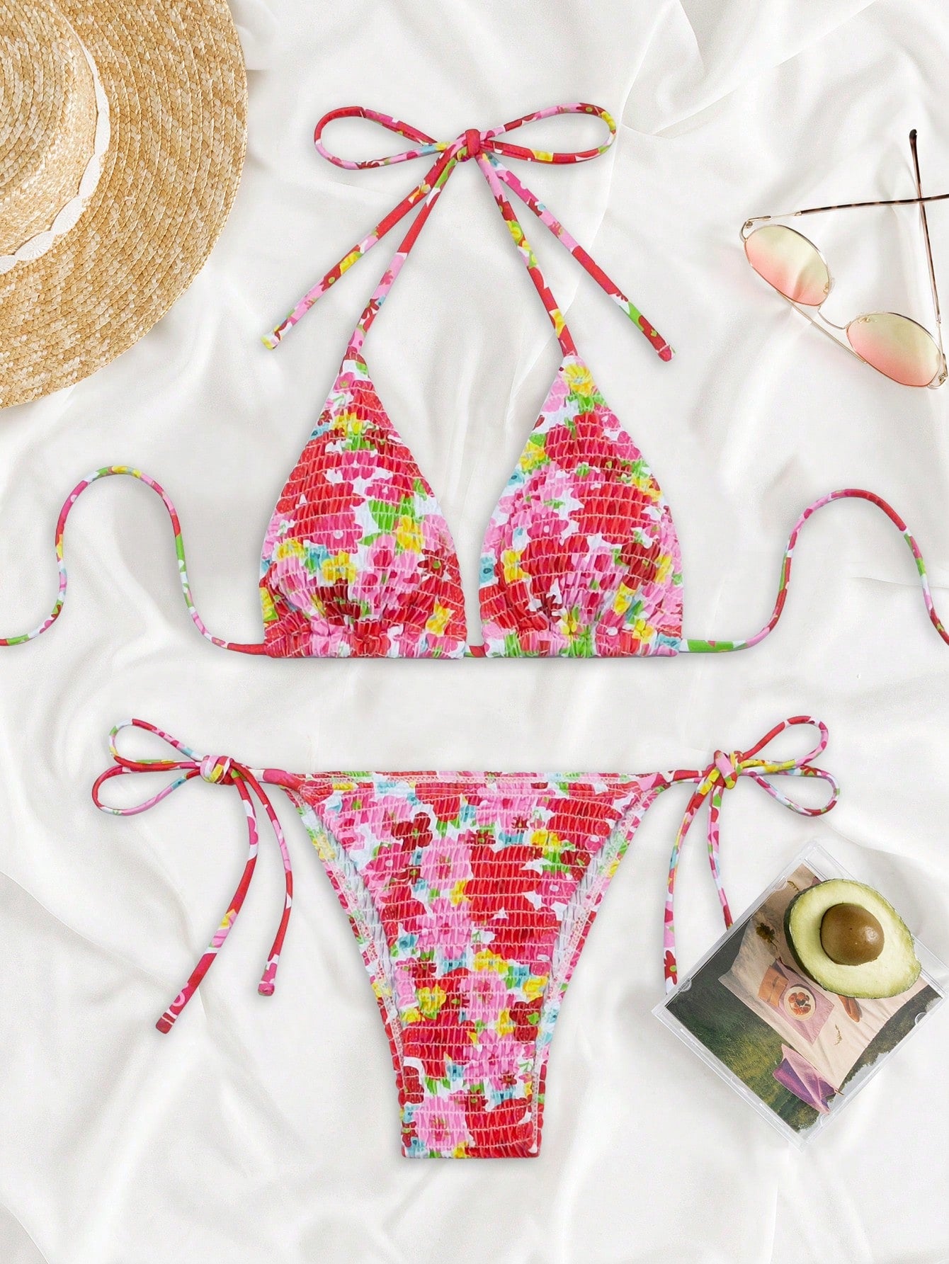 Swim Mod Summer Beach Random Floral Print Bikini Set Smocked Halter Triangle Bra Top & Tie Side Bikini Bottom 2 Pieces Bikini