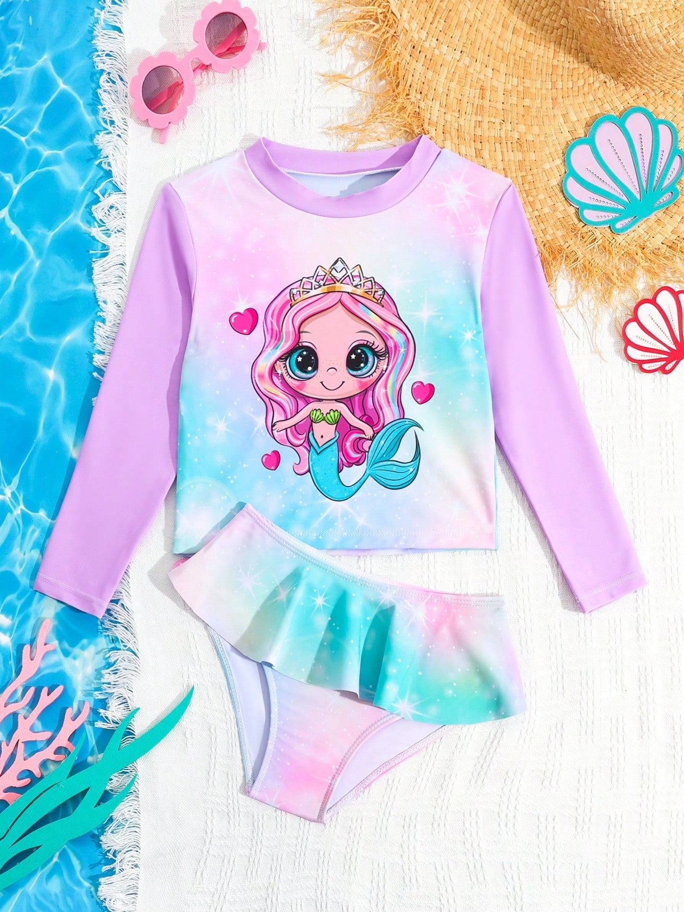 Young Girl Cartoon Mermaid Print Long Sleeve Top And Ruffle Triangle Bottom Tankini Set