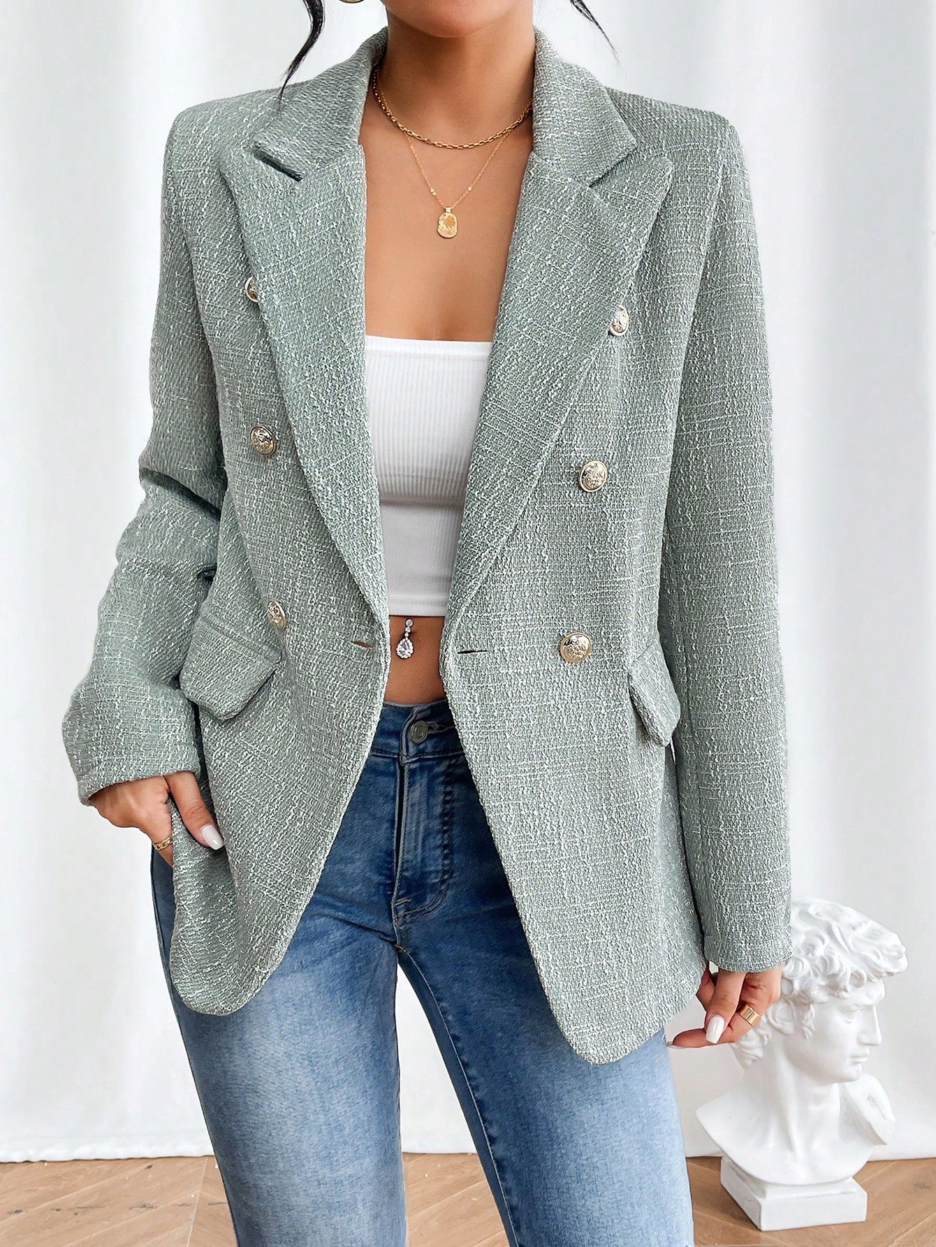 Lapel Neck Double Breasted Tweed Blazer