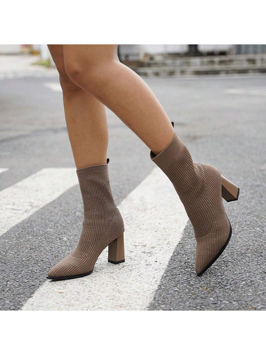 NEWBELLA MOUSSE FIT Women's Knit Comfort Chunky Heeled Ankle Boots Minimalist Style Knit Upper Rubber Sole Booties,Fashionable And Versatile Pointed Toe Thick Heel High Heel Boots With Black And Coffee Brown Colors, Designed With Knitting And Woven Decora