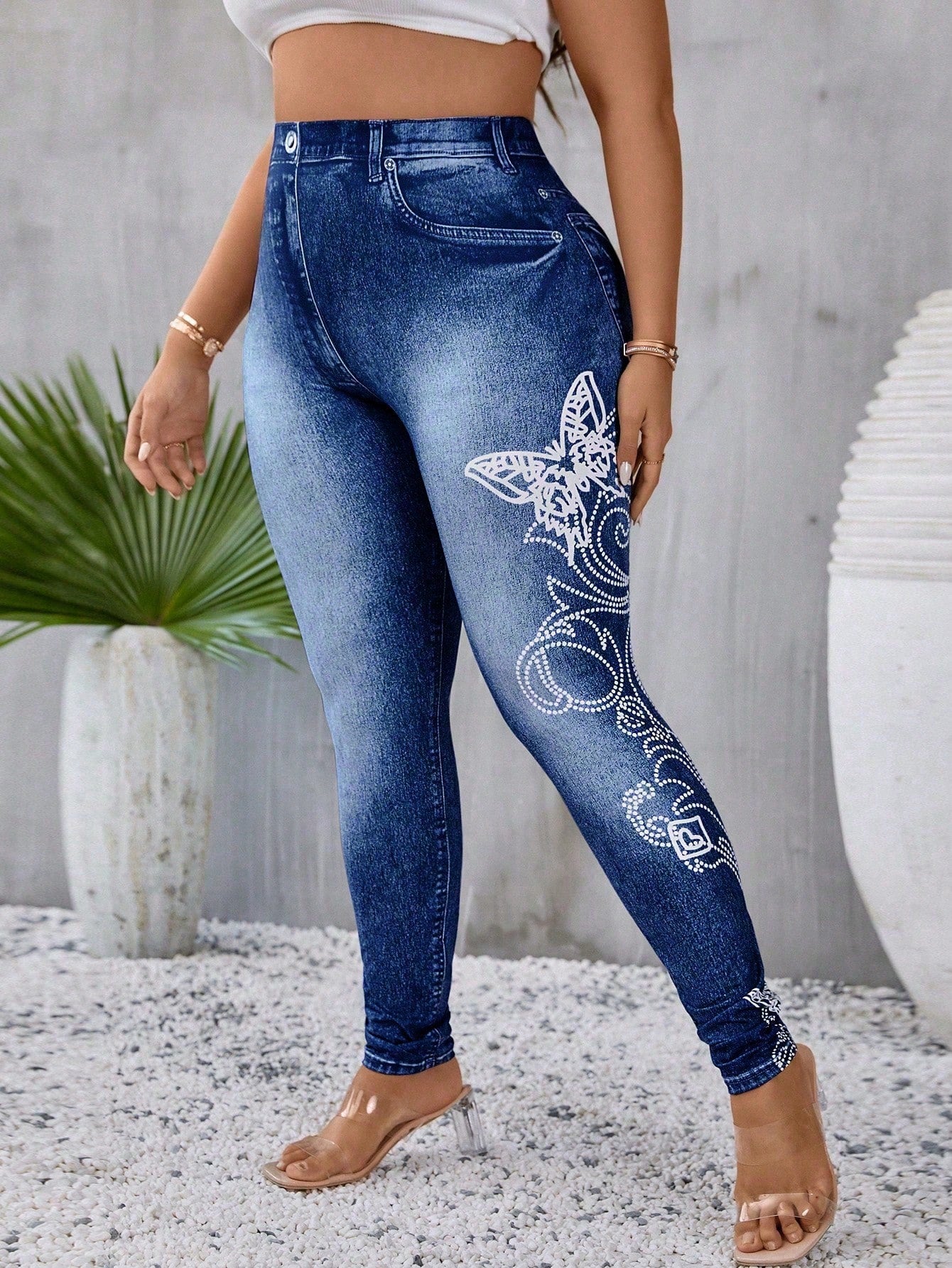 Plus Denim-Effect Print & Butterfly Print Leggings