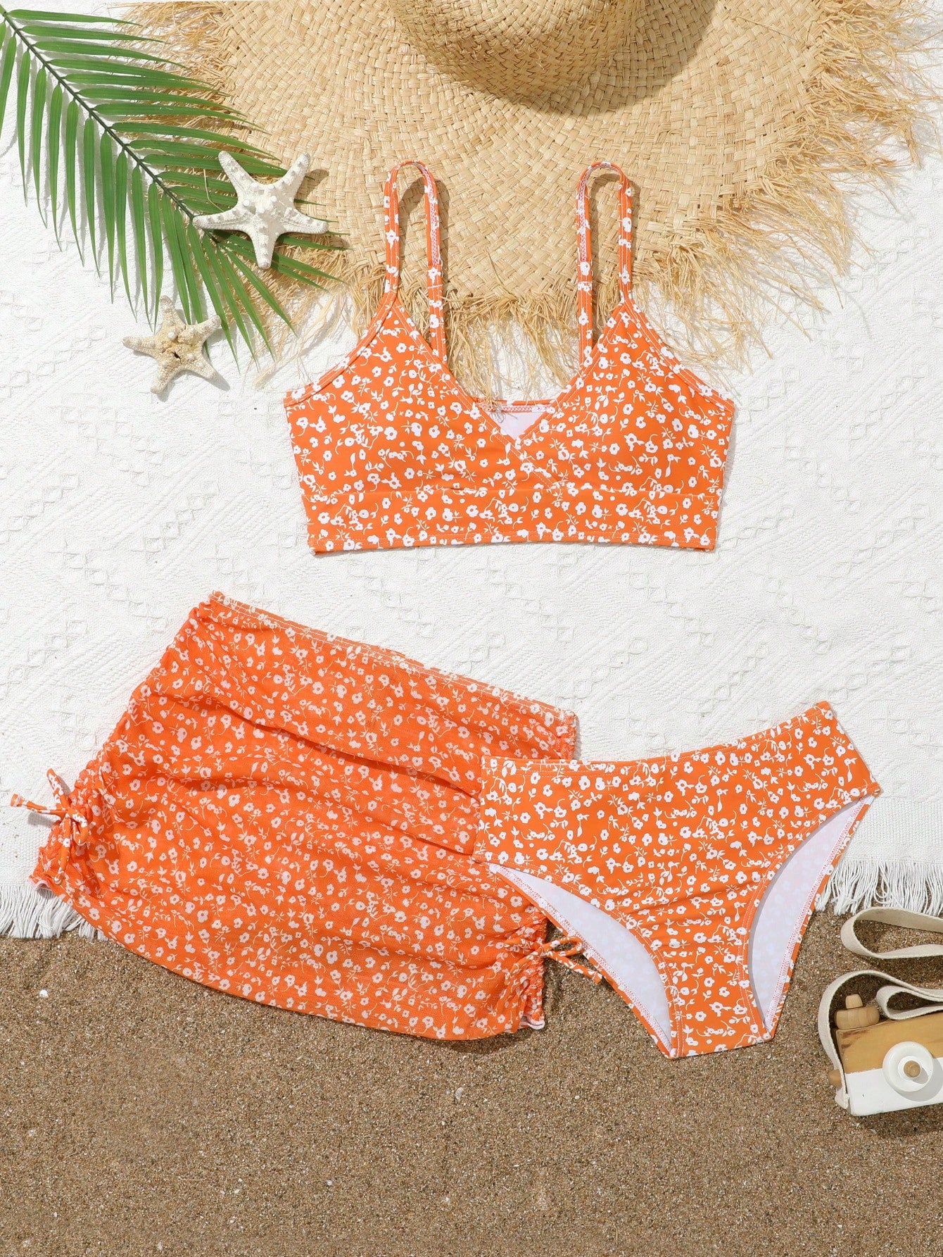 Tween Girl 3pcs Separated Bikini Set, Random Prints Summer Beach