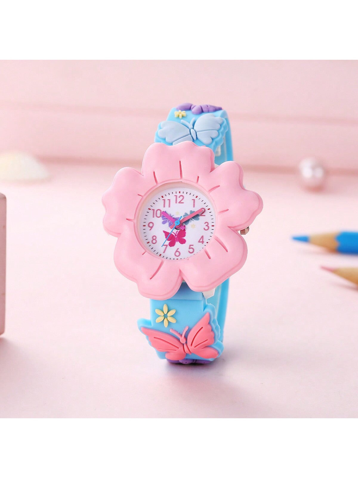 New Kids' Flower & Butterfly Cartoon Watch 3d Pattern Pvc Soft Skin Children's Learning Watch