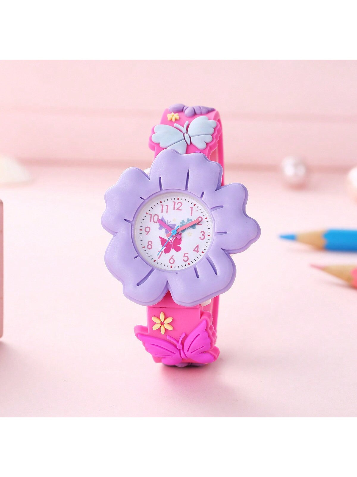 New Kids' Flower & Butterfly Cartoon Watch 3d Pattern Pvc Soft Skin Children's Learning Watch