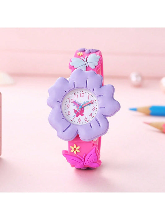 New Kids' Flower & Butterfly Cartoon Watch, 3d Patterned Pvc Soft Skin-Friendly Children Learning Watch