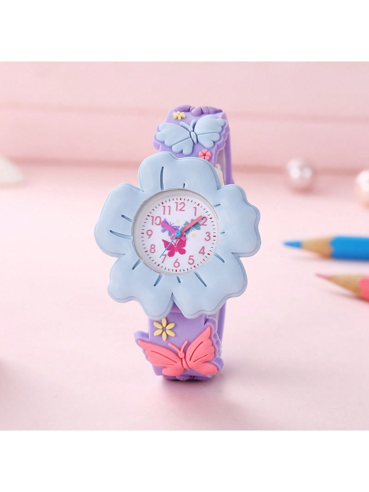 New Kids' Flower & Butterfly Cartoon Watch 3d Pattern Pvc Soft Skin Children's Learning Watch